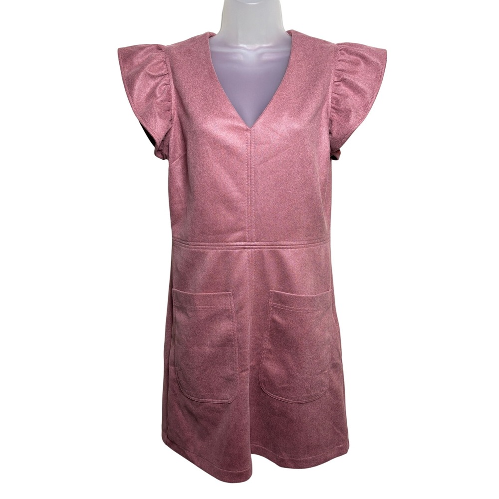 Voy Pink Ruffled Cap Sleeves Front Patch Pockets V-Neck Shift Mini Dress Women M